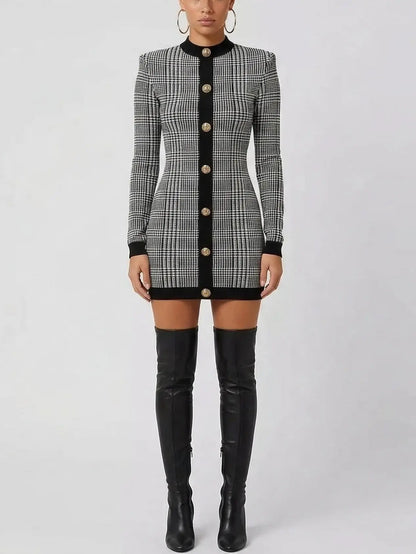 Prince of Wales Check Long Sleeve Mini Dress - Dresses