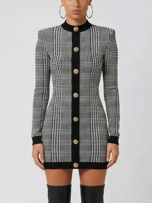 Prince of Wales Check Long Sleeve Mini Dress - Dresses