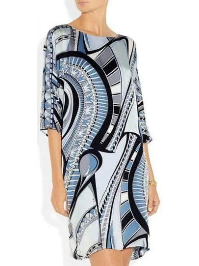 Printed Abstract Jersey Silk Tunic Dress in Blue - Branna Couture