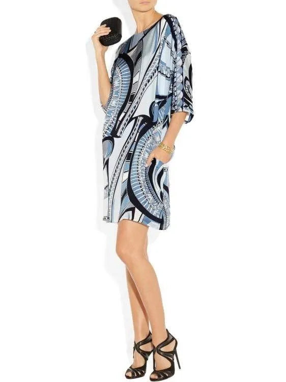 Printed Abstract Jersey Silk Tunic Dress in Blue - Branna Couture