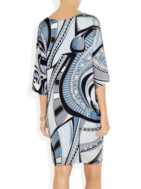 Printed Abstract Jersey Silk Tunic Dress in Blue - Branna Couture