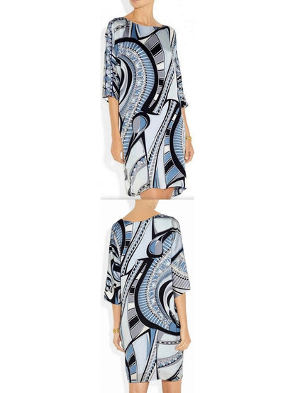 Printed Abstract Jersey Silk Tunic Dress in Blue - Branna Couture