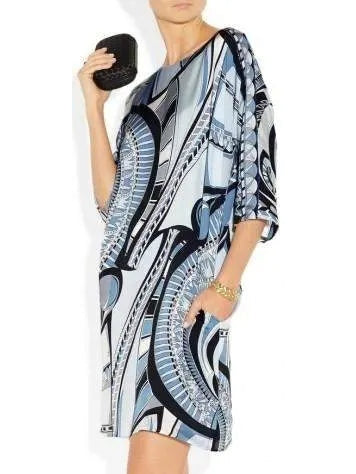 Printed Abstract Jersey Silk Tunic Dress in Blue - Branna Couture