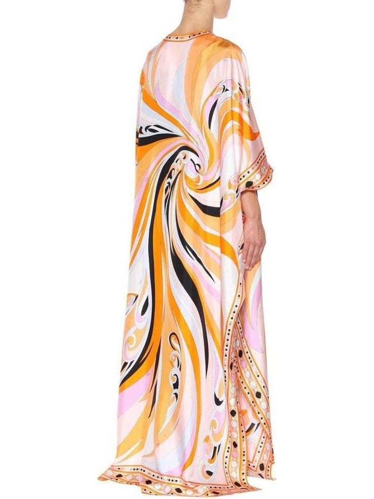 Printed Abstract Kaftan Dress in Orange and Multi - Branna Couture