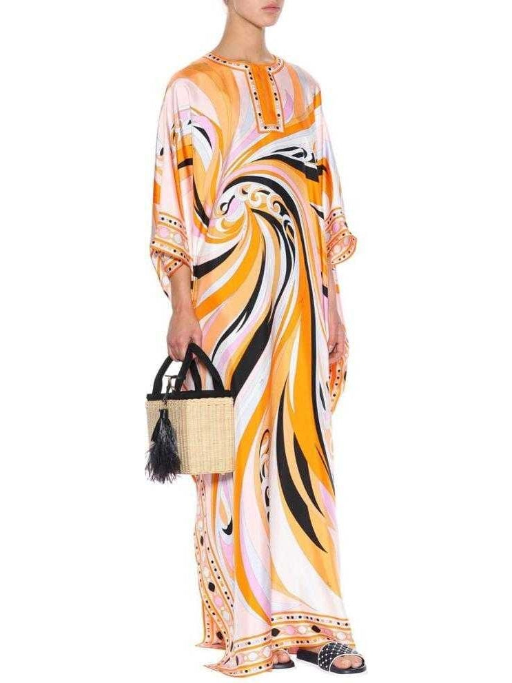 Printed Abstract Kaftan Dress in Orange and Multi - Branna Couture