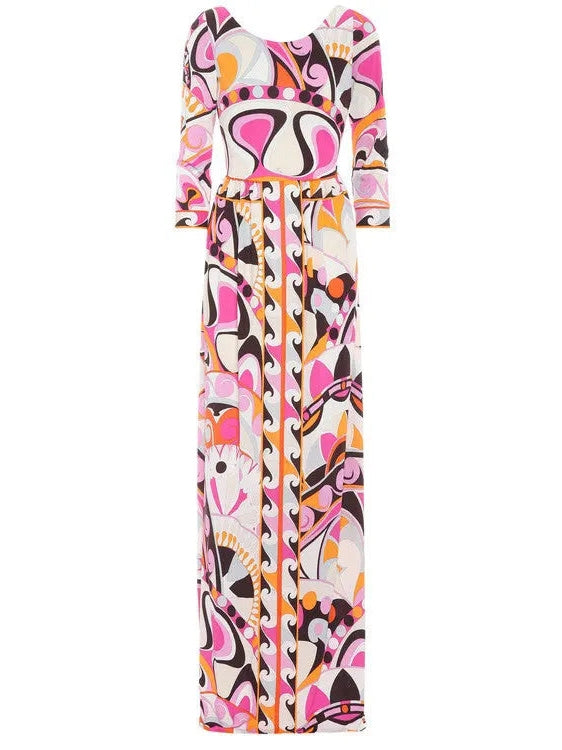 Printed Abstract Long Jersey Silk Dress in Multicolor - Branna Couture