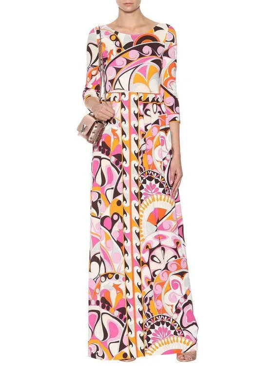 Printed Abstract Long Jersey Silk Dress in Multicolor - Branna Couture