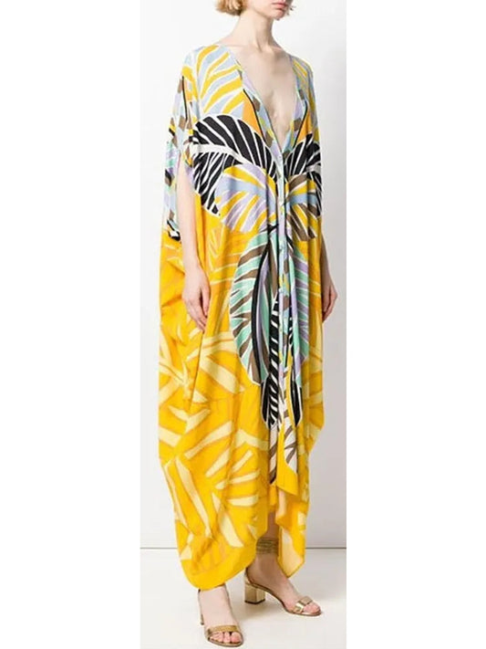 Printed Abstract V-Neck Kaftan Dress in Yellow and Multi - Branna Couture