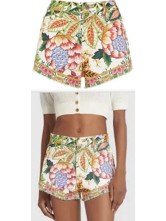 Printed Cotton Denim Mid Rise Shorts - Branna Couture