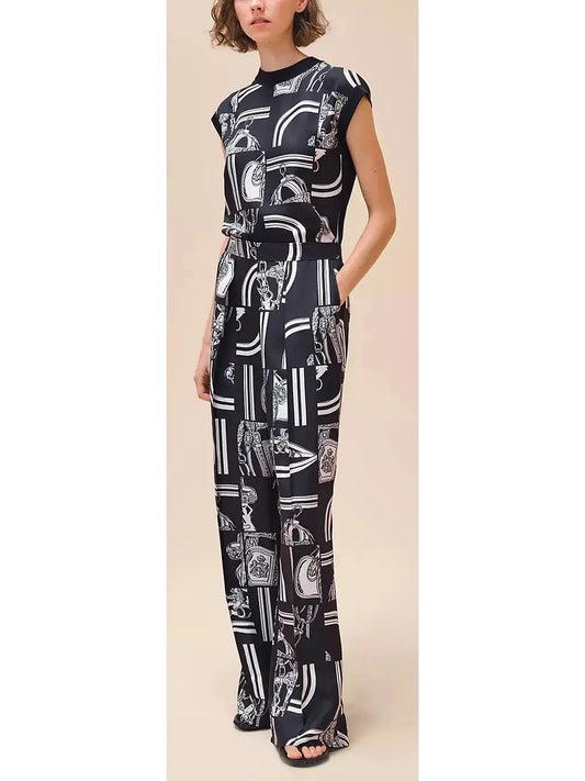 Printed Jacquard Pajama Pants in Black and White - Branna Couture