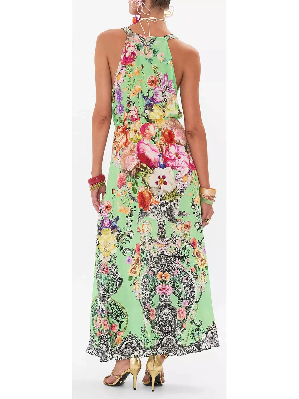 Printed Low-Cut Sleeveless Silk Maxi Dress in Green - Branna Couture