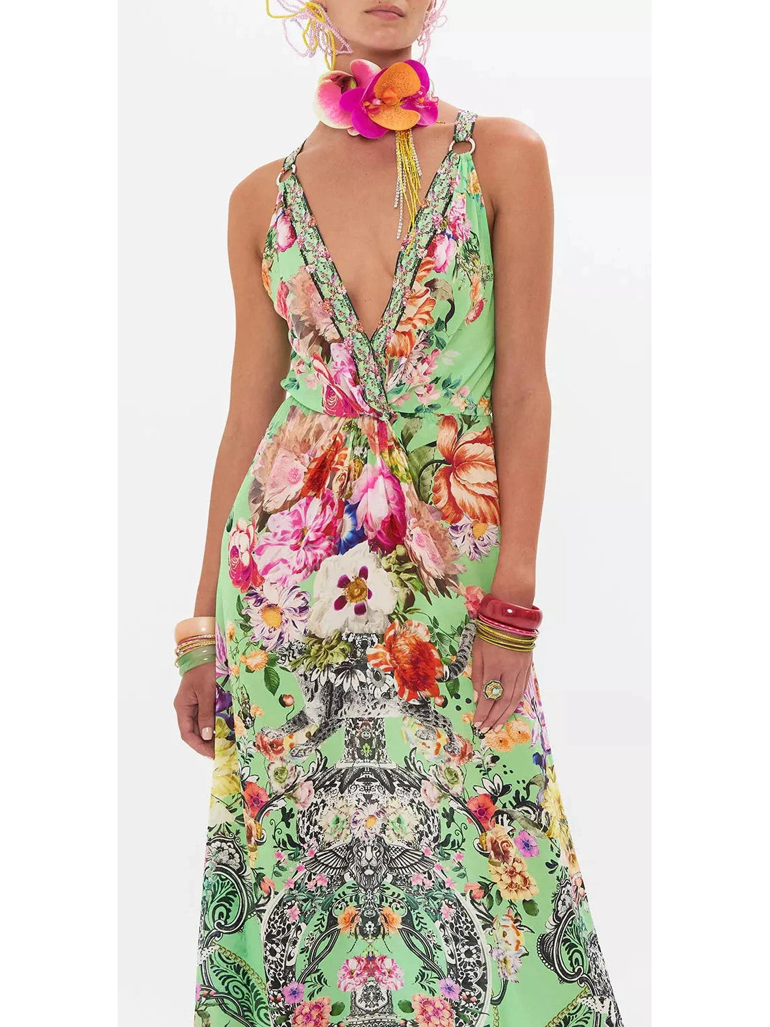 Printed Low-Cut Sleeveless Silk Maxi Dress in Green - Branna Couture