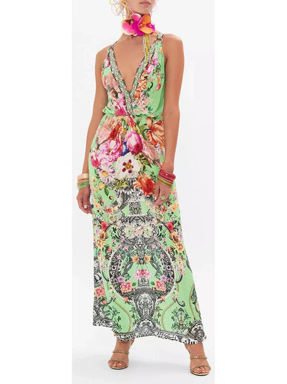 Printed Low-Cut Sleeveless Silk Maxi Dress in Green - Branna Couture