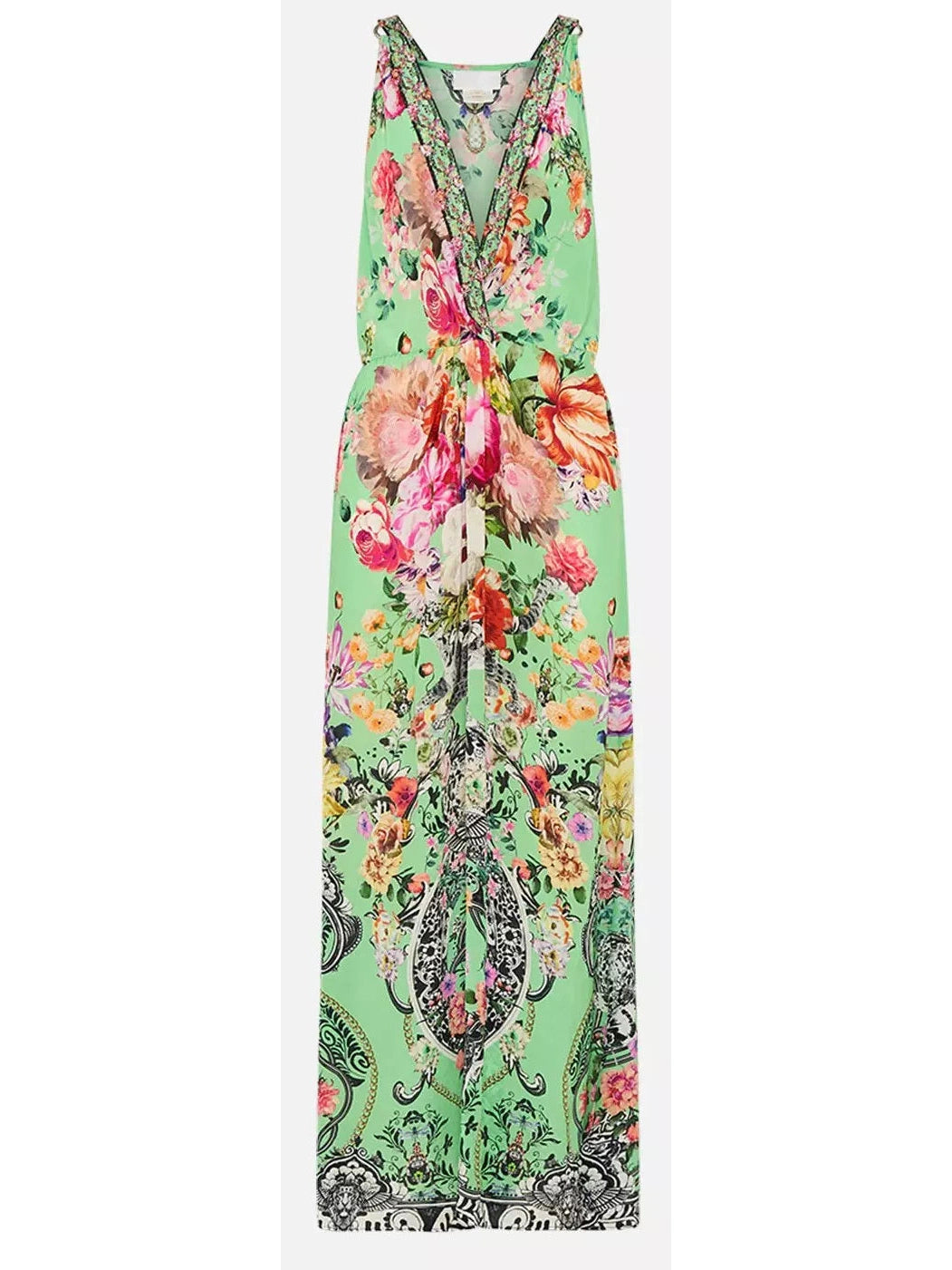 Printed Low-Cut Sleeveless Silk Maxi Dress in Green - Branna Couture