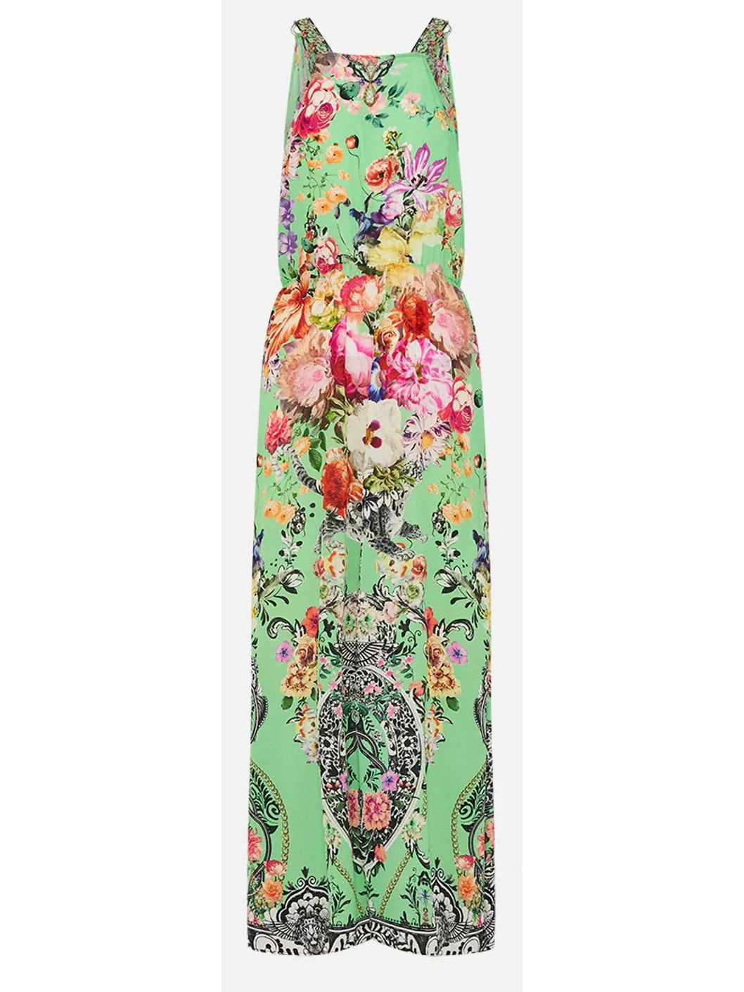 Printed Low-Cut Sleeveless Silk Maxi Dress in Green - Branna Couture