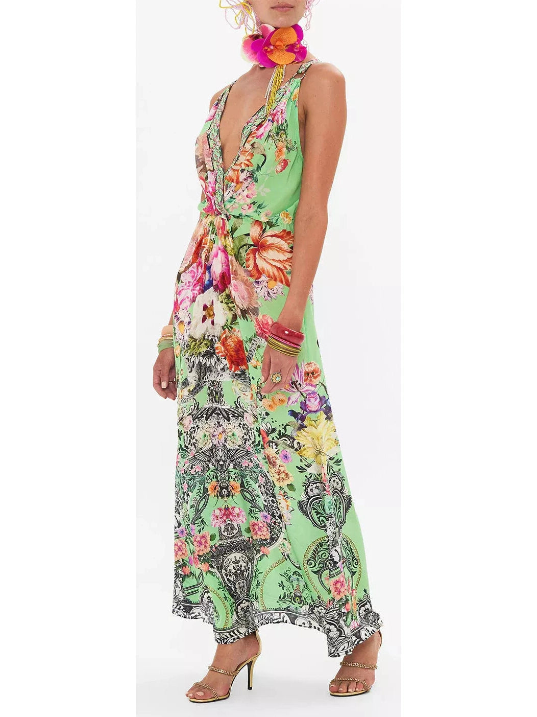 Printed Low-Cut Sleeveless Silk Maxi Dress in Green - Branna Couture