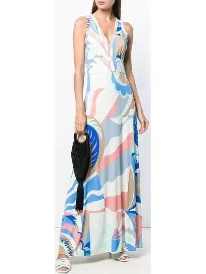 Printed Pleated Jersey Maxi Dress - Blue - Branna Couture