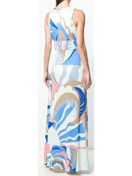 Printed Pleated Jersey Maxi Dress - Blue - Branna Couture