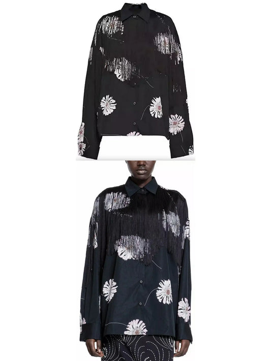 Printed Poplin Shirt with Fringe - Branna Couture