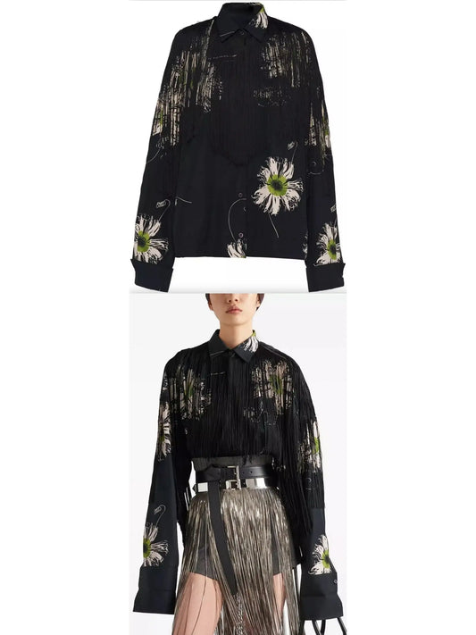 Printed Poplin Shirt with Fringe, Black and Multicolor - Branna Couture