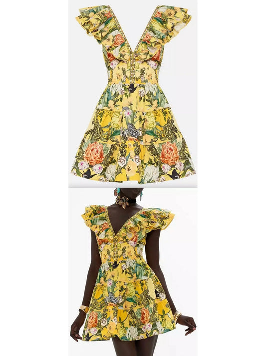 Printed Ruffle Tiered Short Dress With Neck Frill in Yellow - Branna Couture