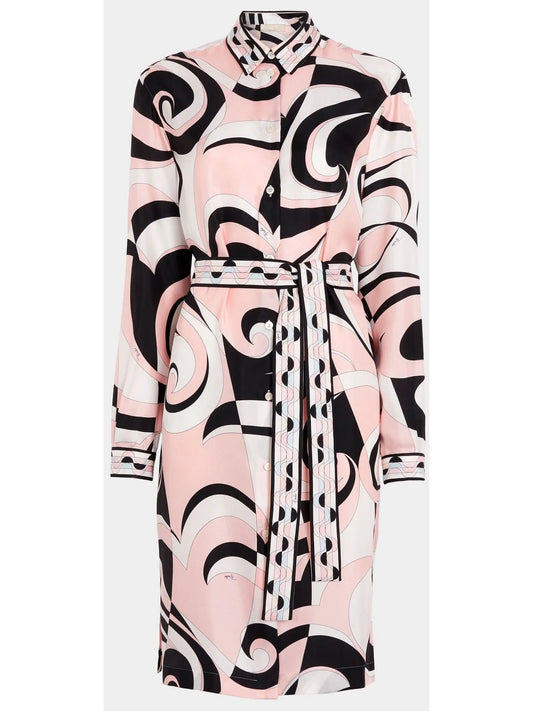 Printed Shirt Dress with Sash in Pink, Black and White - Branna Couture