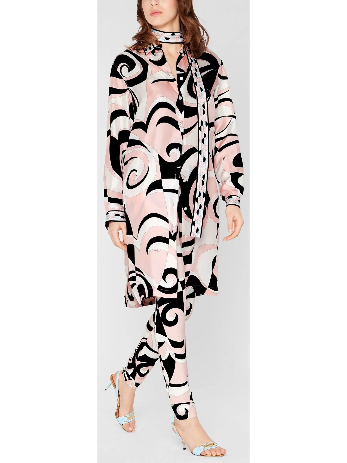 Printed Shirt Dress with Sash in Pink, Black and White - Branna Couture