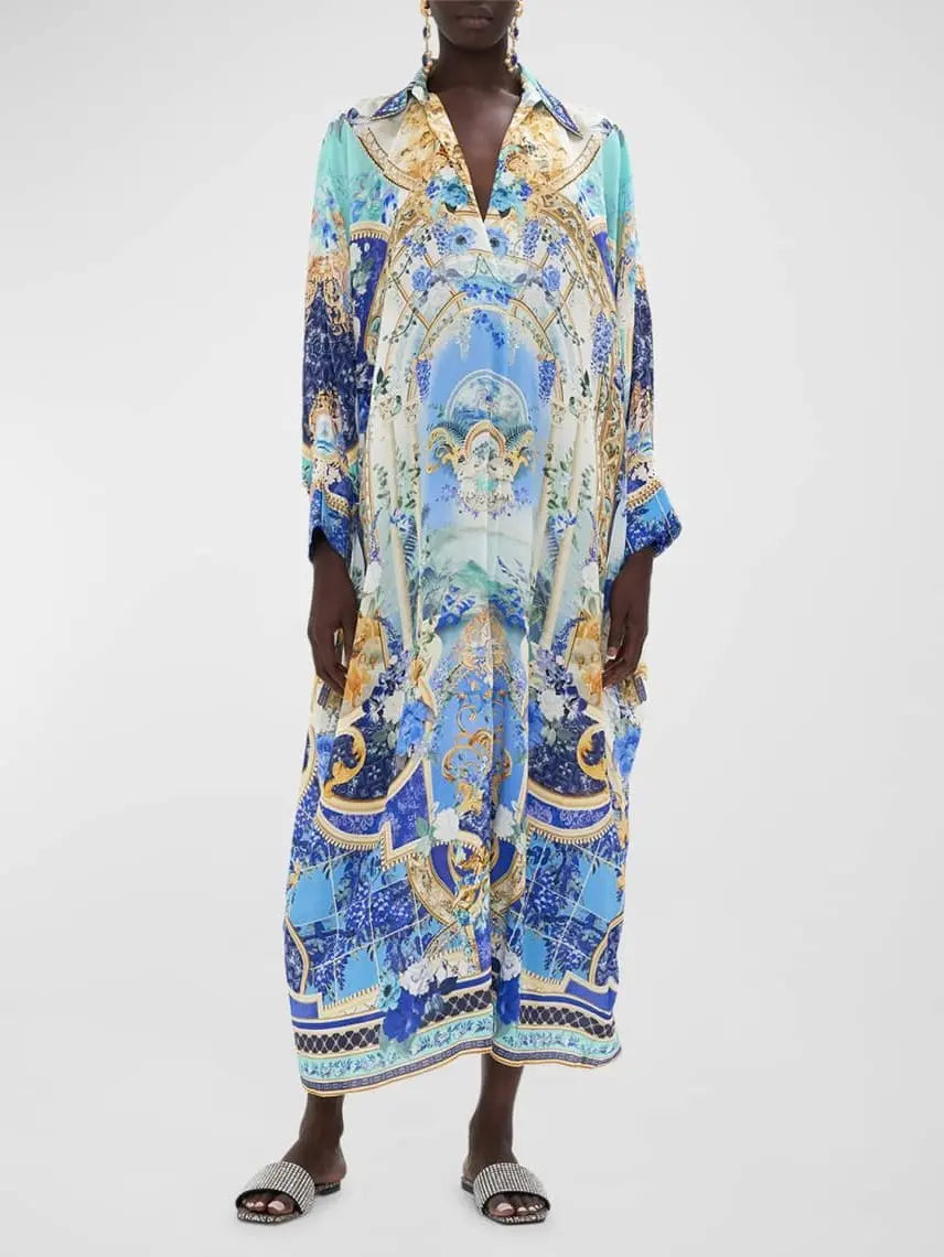 Printed Silk Kaftan Dress with Wing Collar - Branna Couture