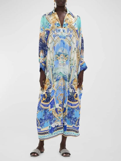 Printed Silk Kaftan Dress with Wing Collar - Branna Couture