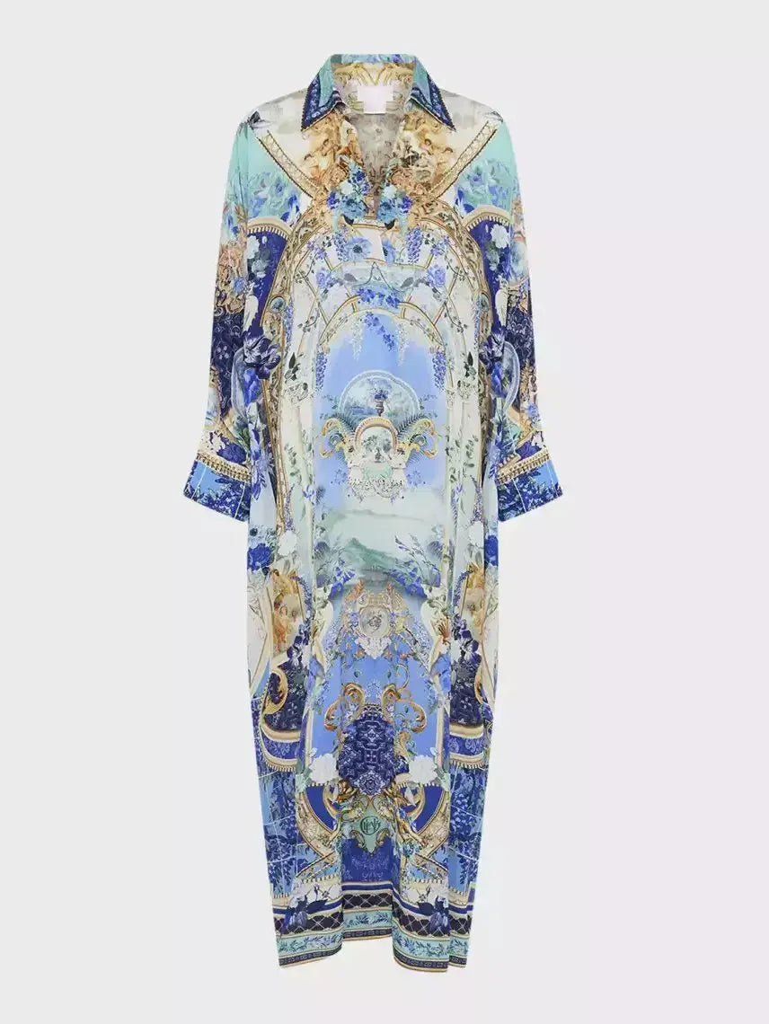 Printed Silk Kaftan Dress with Wing Collar - Branna Couture