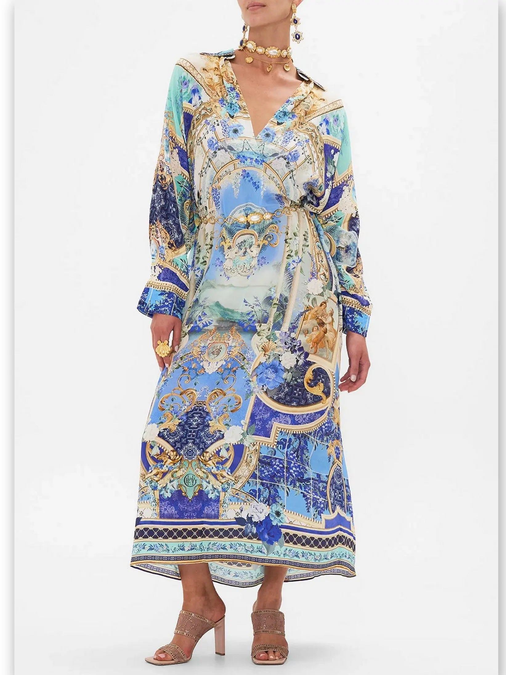 Printed Silk Kaftan Dress with Wing Collar - Branna Couture