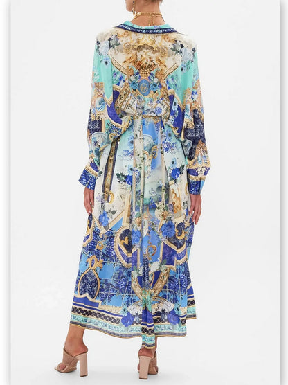 Printed Silk Kaftan Dress with Wing Collar - Branna Couture