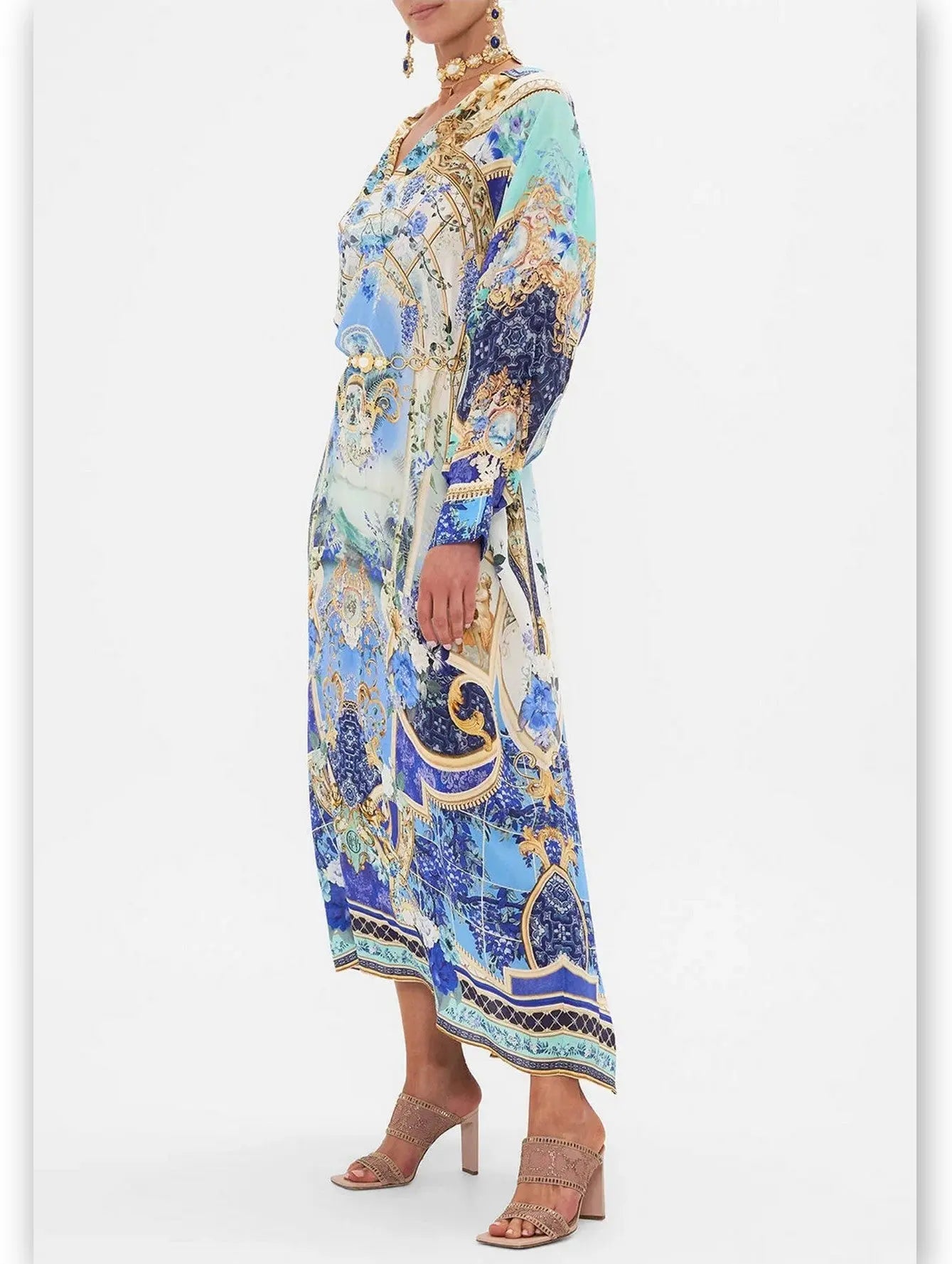 Printed Silk Kaftan Dress with Wing Collar - Branna Couture