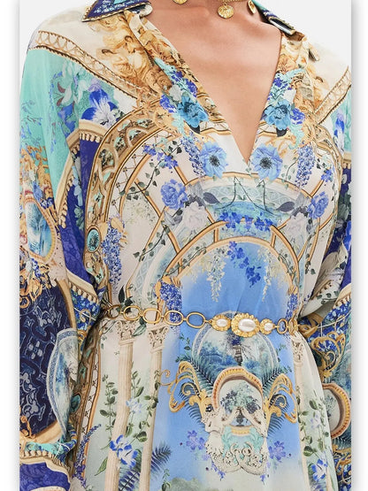 Printed Silk Kaftan Dress with Wing Collar - Branna Couture