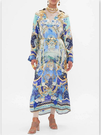 Printed Silk Kaftan Dress with Wing Collar - Branna Couture