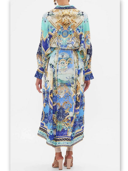 Printed Silk Kaftan Dress with Wing Collar - Branna Couture