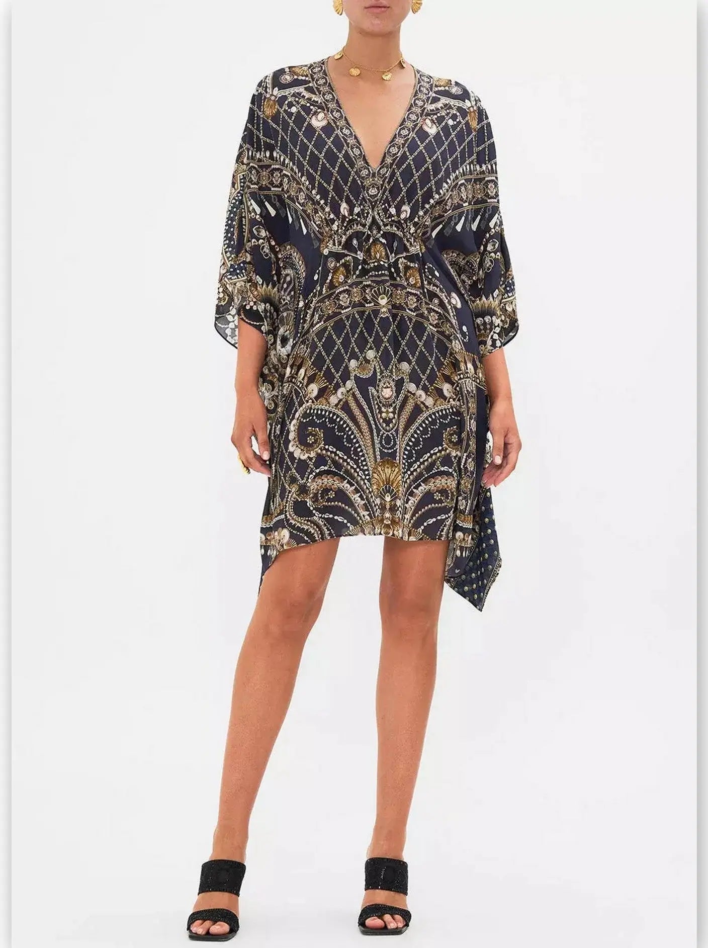 Printed Silk Short Gathered Waist Kaftan Dress - Branna Couture