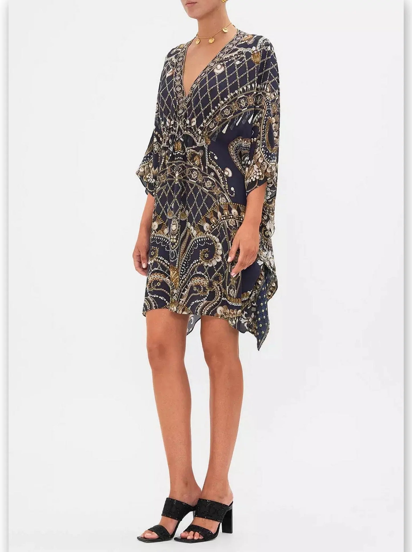 Printed Silk Short Gathered Waist Kaftan Dress - Branna Couture