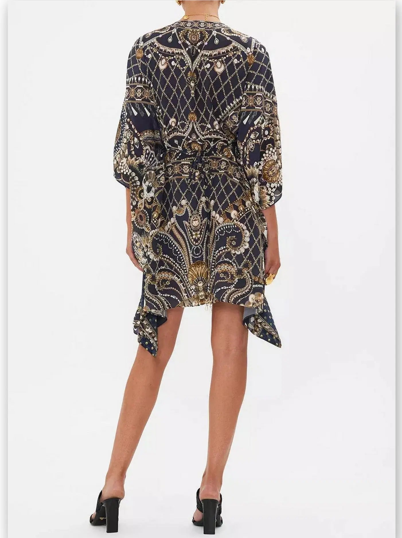 Printed Silk Short Gathered Waist Kaftan Dress - Branna Couture