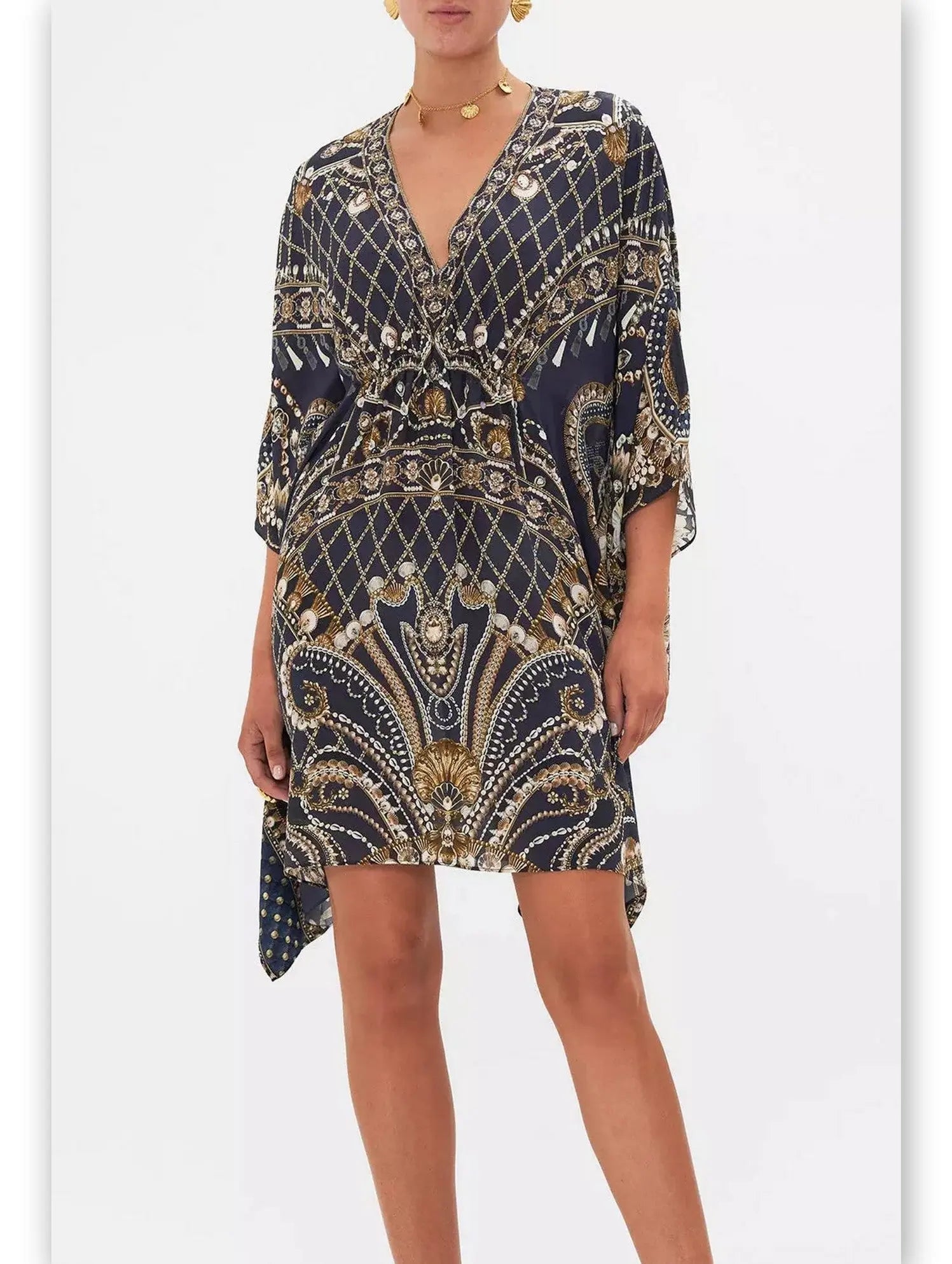 Printed Silk Short Gathered Waist Kaftan Dress - Branna Couture