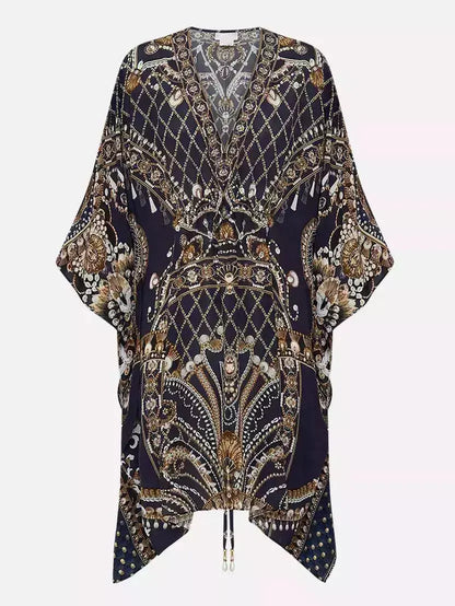 Printed Silk Short Gathered Waist Kaftan Dress - Branna Couture