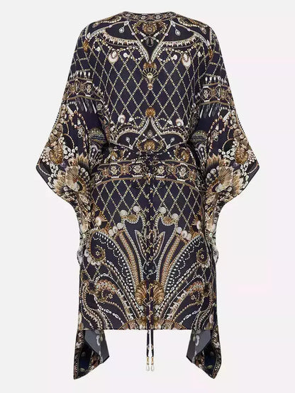 Printed Silk Short Gathered Waist Kaftan Dress - Branna Couture