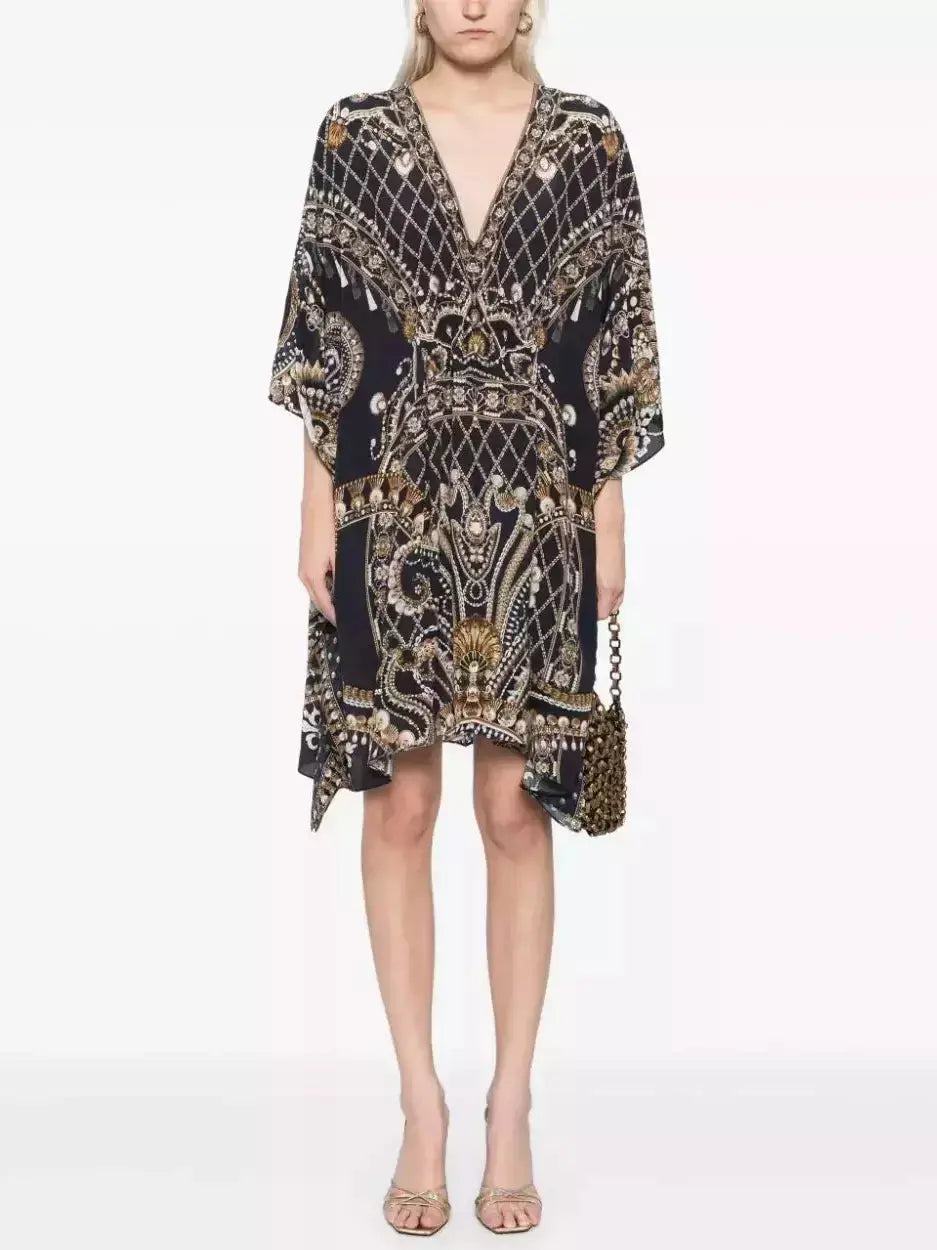 Printed Silk Short Gathered Waist Kaftan Dress - Branna Couture