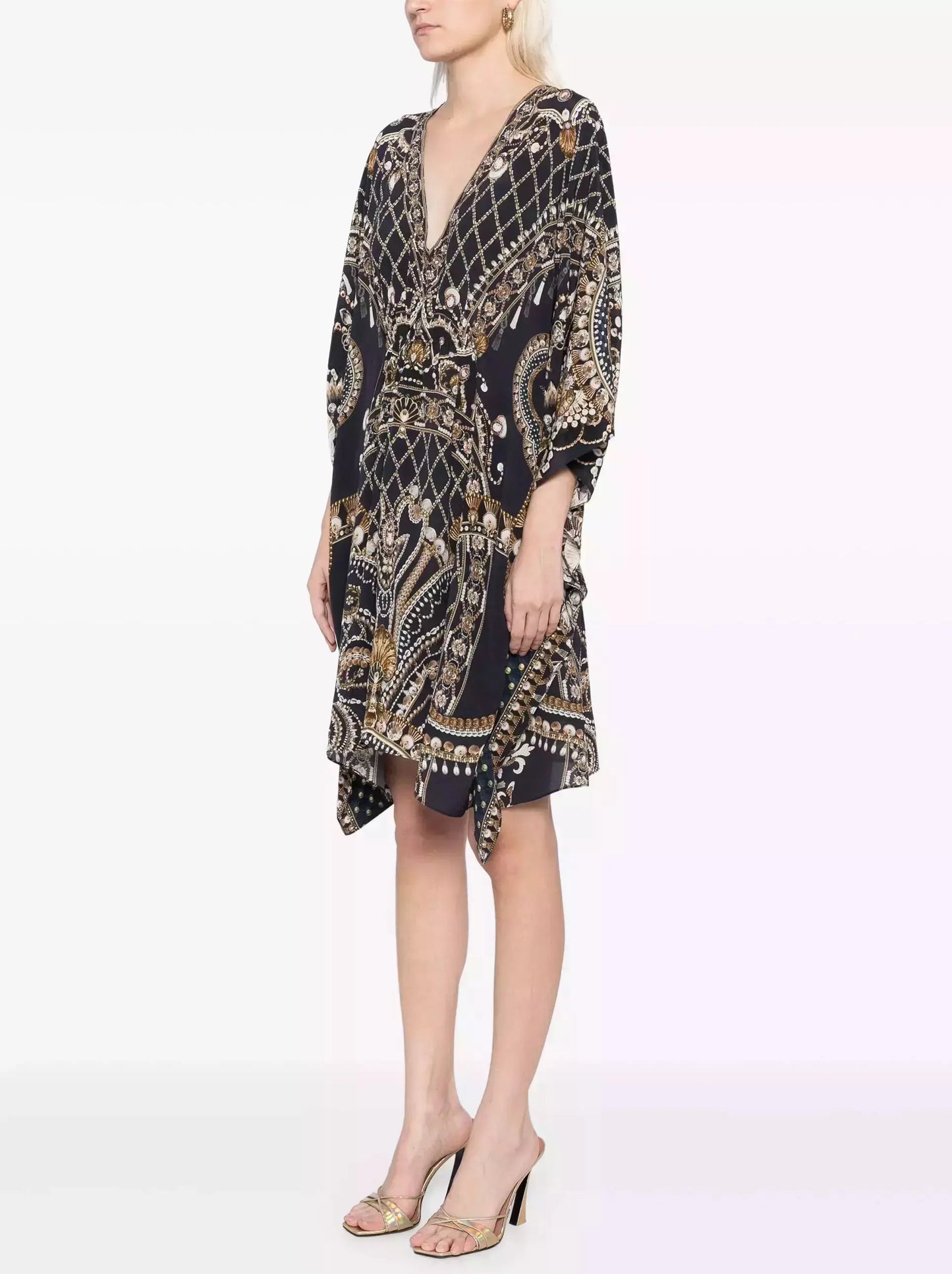 Printed Silk Short Gathered Waist Kaftan Dress - Branna Couture