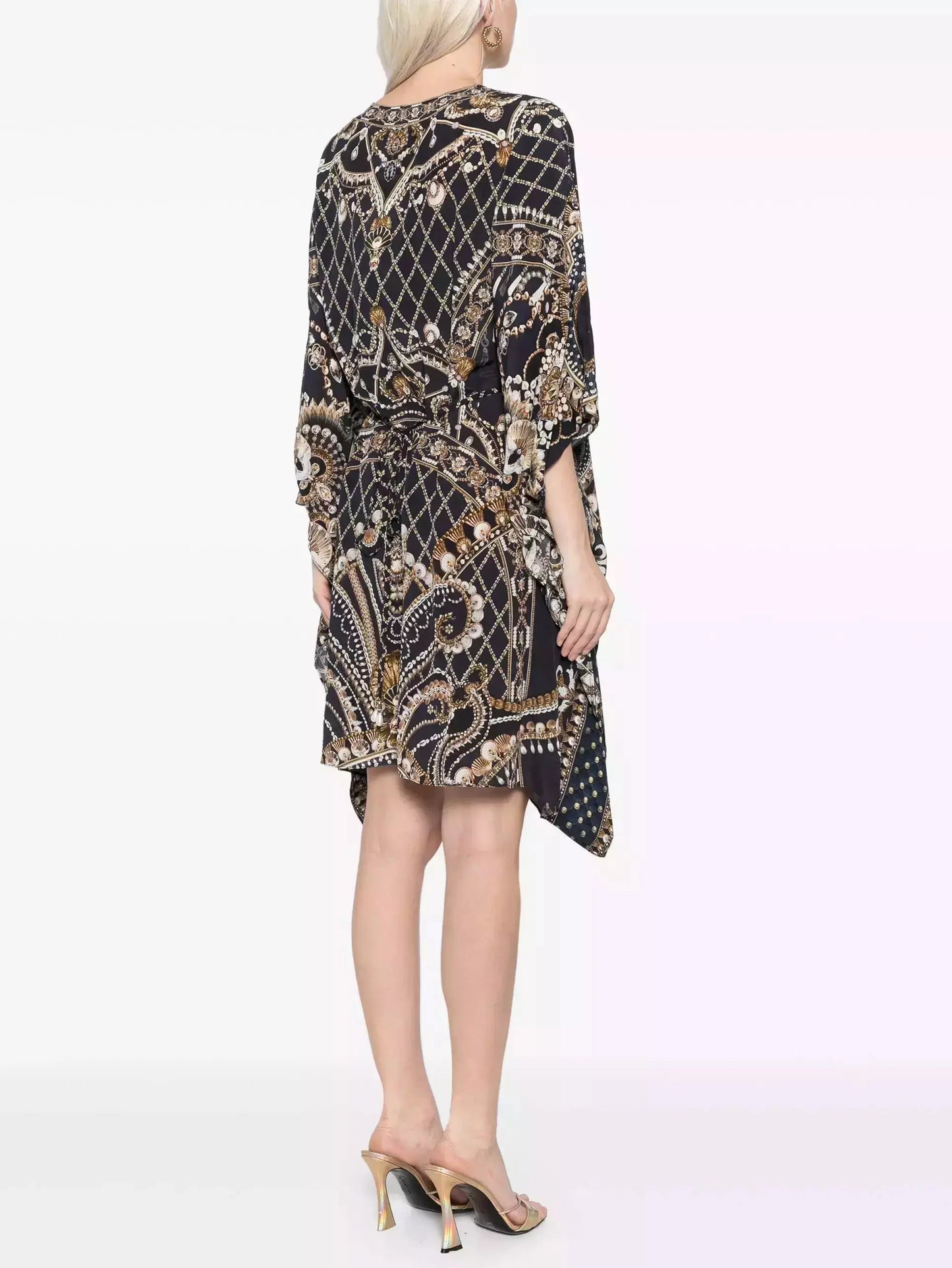 Printed Silk Short Gathered Waist Kaftan Dress - Branna Couture