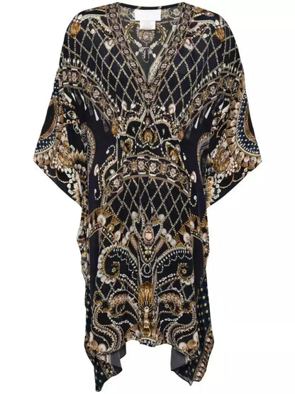 Printed Silk Short Gathered Waist Kaftan Dress - Branna Couture