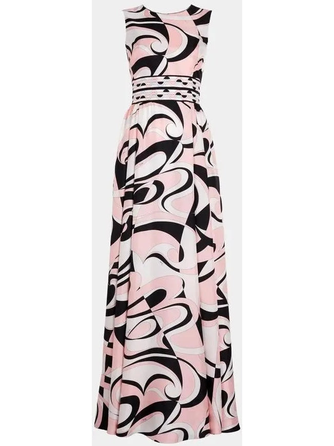 Printed Silk Sleeveless Maxi Dress in Pink, Black and White - Branna Couture