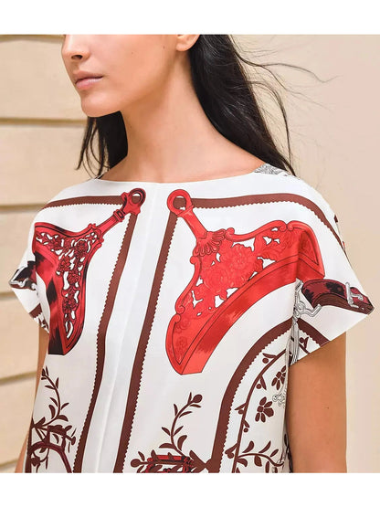 Printed Silk Tunic Dress in White and Red Tones - Branna Couture