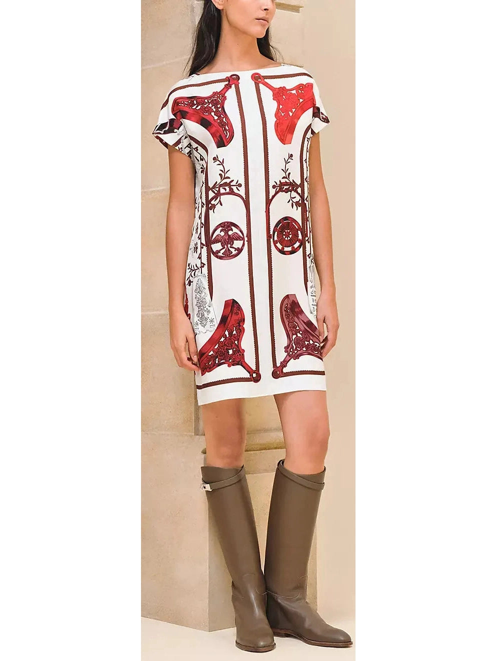 Printed Silk Tunic Dress in White and Red Tones - Branna Couture