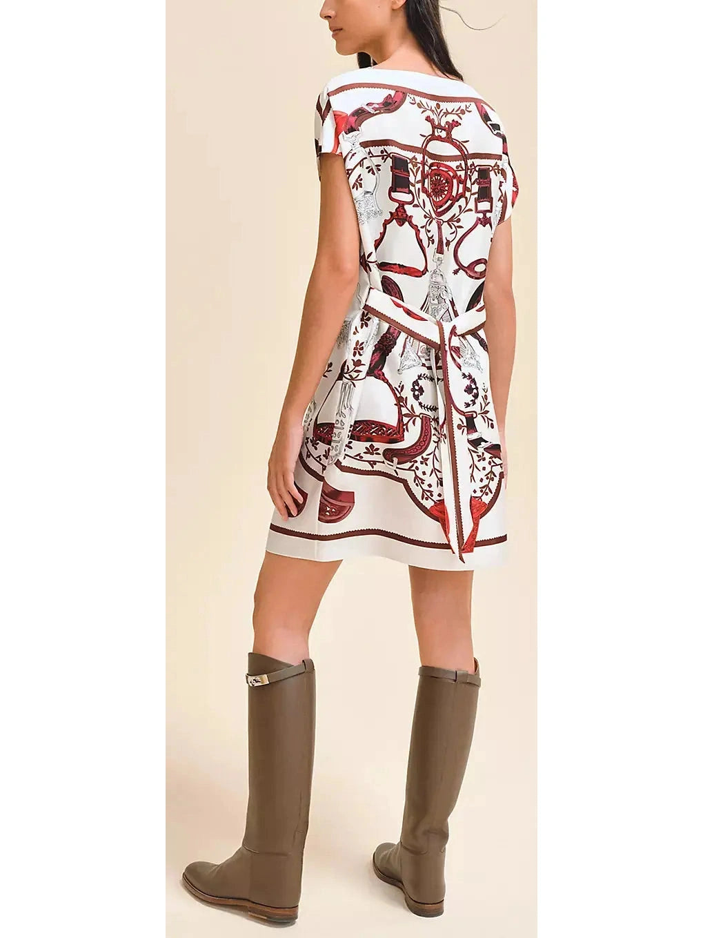 Printed Silk Tunic Dress in White and Red Tones - Branna Couture